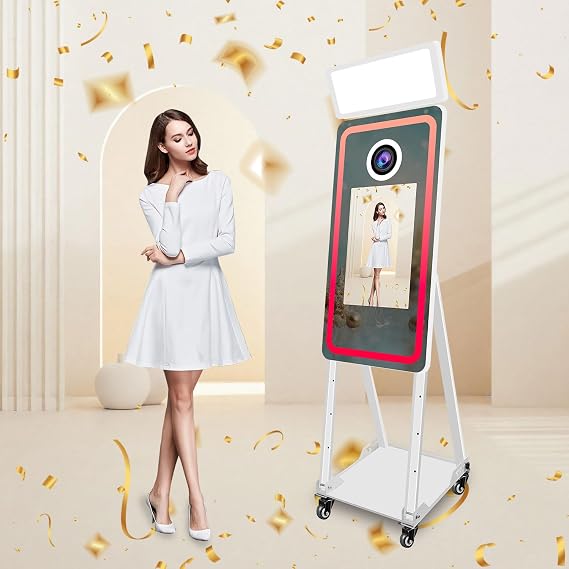 Photo Booth for Sale, 40" Magic Mirror Photo Booth with 21.5in Touch Screen Photobooth Machine with Flight Case, for Renting Weddings and Party Events (White, Photo Booth)