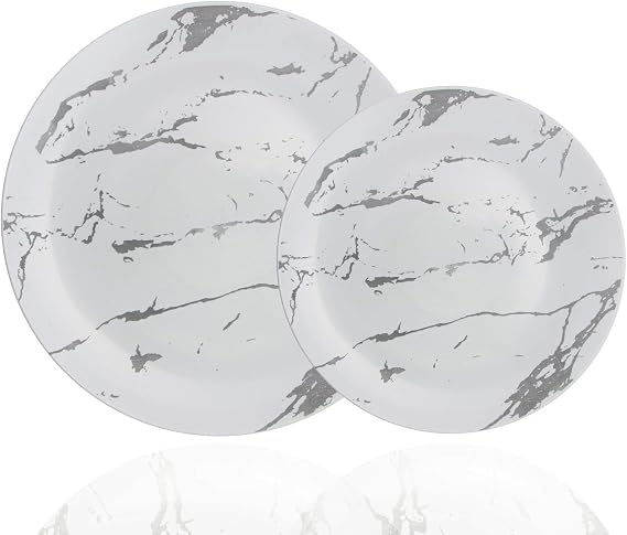 Trendables 60 Pack Disposable Dinnerware Combo - Marble Design Plastic Plates Set Includes: 30 10.25 in. Large Dinner Plates & 30 8" Salad/Dessert Plates - Premium Marble Like For Parties Weddings