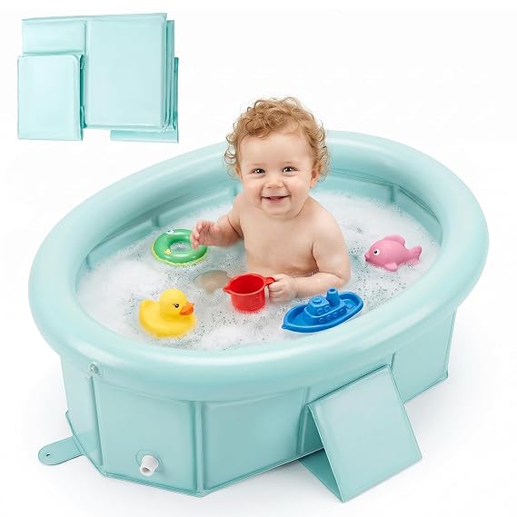 Orzbow Portable Toddler Bathtub with Inflatable Top Edge & Side Drain Plug | Collapsible Baby Bath Tub for Infant Toddler Kids 6M- 6Y Travel Without Assembly, Extra Stable & Durable, Green