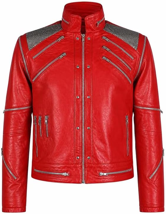 MJ Thriller Red Leather Jacket, Michael Jackson Celebrity Inspired Costume Halloween Cosplay Biker Jacket