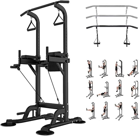 Dip Station Pull Up Bar Power Tower with Drawstrings and rings for Home Gym Strength Training Workout Equipment, 330lbs