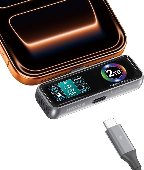 TWOPAN Magnetic Portable iPhone SSD for ProRes 4K 60fps Video, 2TB External Hard Drive Super Storage for iPhone 17/16/15 Pro/Pro Max, iMac/MacBook, LCD Display, USB-C PD 3.0 Port, Built-in Cooling Fan