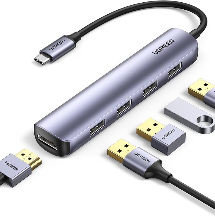 UGREEN 20197 USB C Hub Multiport Adapter for M1 / M2 MacBook, Surface, iPad Pro, Galaxy S23, USB-C Laptop, 5-in-1 Ultra Slim USB Type C Hub with 4K HDMI Display, 4 USB-A 3.0 Data Ports 5Gbps