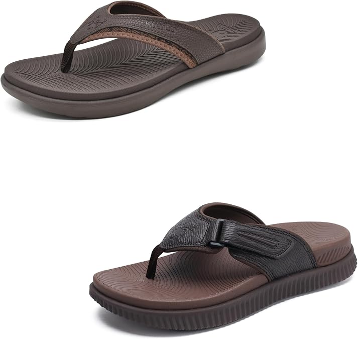 KuaiLu Set of 2 Pairs - Mens Sport Flip Flops Comfort Orthotic Thong Sandals (Brown US Size 10) Mens Orthotic Flip Flops Adjustable Arch Support Recovery Walking Sandals (Brown US Size 10)