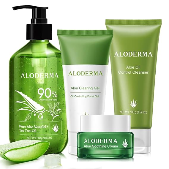 Aloderma Essential Aloe Clearing Set - 5 Pieces - Cleanser, Soothing Cream, 2pcs x Aloe Vera Gel with Tea Tree Oil and Clearing Gel