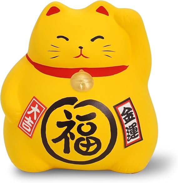 Banko Ware Maneki-Neko Ceramic Piggy Bank - Lucky Cat, Cute and Chubby Traditional Japanese Money Box (Yellow)