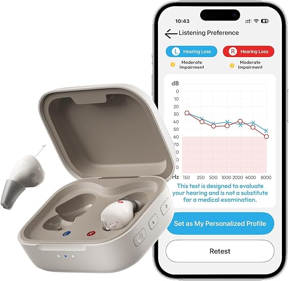 Nano 2 OTC Hearing Aids for Seniors, App-Personalized Hearing | for Mild to Moderately Severe Hearing Loss; 40dB Gain, Rechargeable, Discreet, Noise Reduction, App & Case Control, Starlight