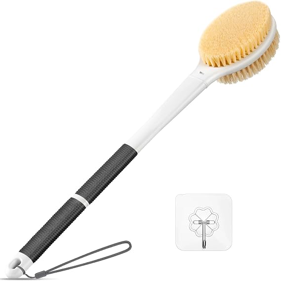 Body Shower Brush Back Scrubber: Anti Slip 18.1'' Long Handle Bath Brush with Stiff and Soft Bristles - Showering Exfoliator for Women, Men, Elderly (Charcoal Grey)