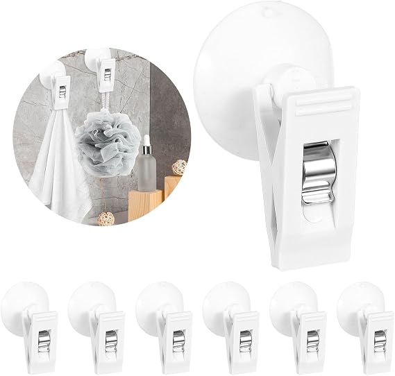 ASTER 6Pcs Shower Curtain Clips with Suction Cup, Multiple Purpose Round Suction Cup Bathroom Clips with Water Guard, Windproof Splash Guard, Shower Curtain Holders for Inside Shower