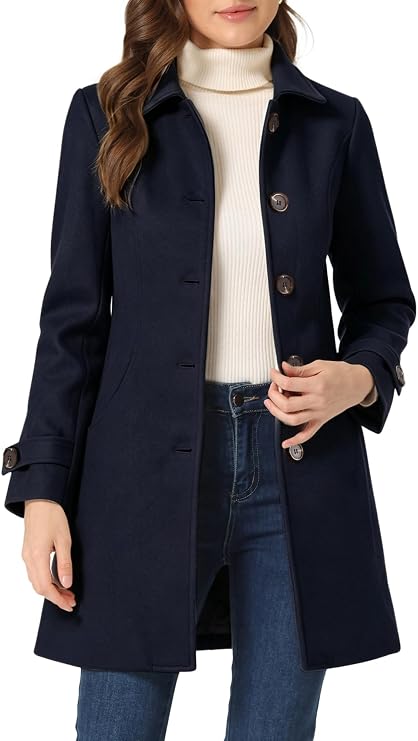 Allegra K Women's Winter Overcoat Peter Pan Collar Single Breasted Pea Coat | Mid-thigh A-line Outerwear, Long Sleeve, Elegant Coat, Pockets, Work Office, Business Casual