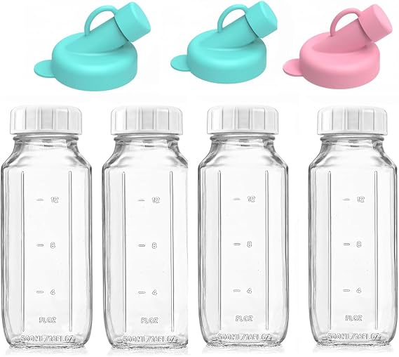 4 Pack 500ml/16oz Glass Milk Bottles with Lid,Reusable Dairy Drinking Bottles with Capacity Mark With 3pcs Silicone Bottle Dispenser for Juices, Dressings, Sauces, Beverages (500ML-4 Pack)