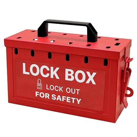 Lockout Tagout Group Lock Box, 12 Locking Holes, Loto Box Red | Steel Construction With Hinged Cover, Locking Clasp, Key Drop Slot For Portable Group Energy Control During Maintenance