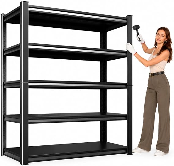 Metal Garage Shelving Unit, Heavy Duty 5-Tier Adjustable Storage shelves, Steel Shelving, 3000 lbs Capacity, Industrial Shelves for Heavy Tools and Equipment, Ideal for Garage, Basement, Black, 78"