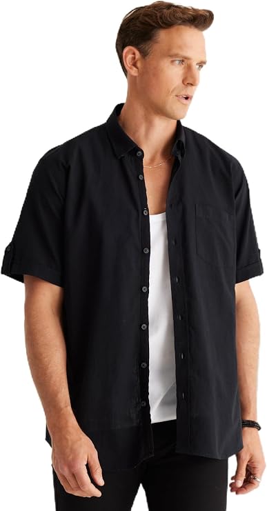 AC&Co / Altınyıldız Classics Comfort Fit Rahat Kesim Gizli Düğmeli Yaka Keten Görünümlü %100 Pamuk Flamlı Gömlek, Renk Siyah, Beden XL