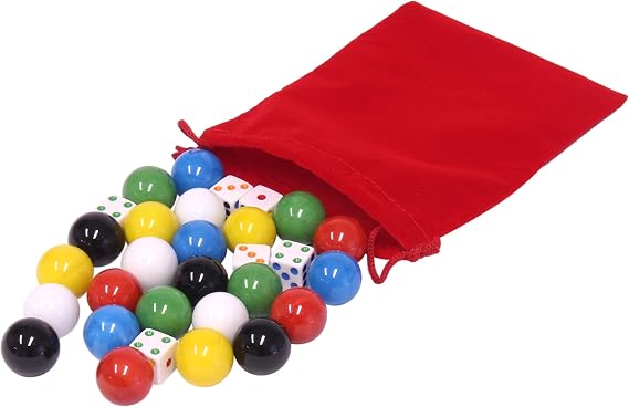 Game Bag of 24 Extra-Large Glass Marbles (1" Diameter) and 6 Dice for Aggravation Game, 4 Each of 6 Colors - Red, Blue, Green, Yellow, White, and Black