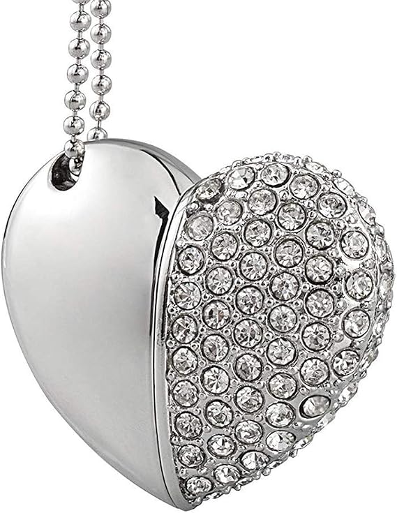 Bling Shiny Diamond Crystal Heart Shape 32GB USB 2.0 Flash Drive Jewelry Pendant Necklace Thumb Drive Memory Stick Pendrive Silver