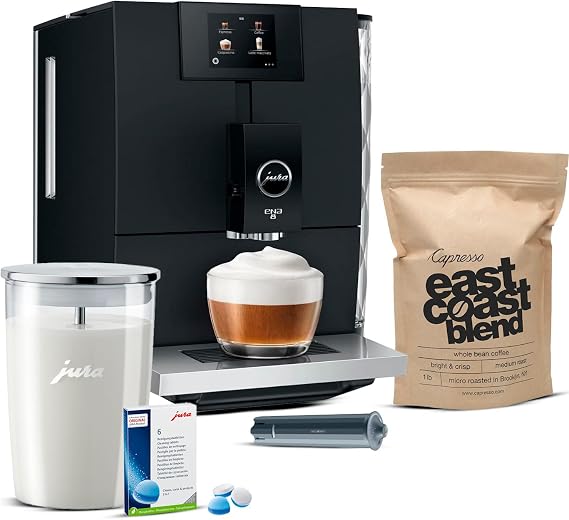 Jura ENA 8 Automatic Espresso Machine (Full Metropolitan Black) Bundle Glass Milk Container, Water Stabilizer, 1-Pound Whole Bean Coffee Cleaning Tablets (5 Items)