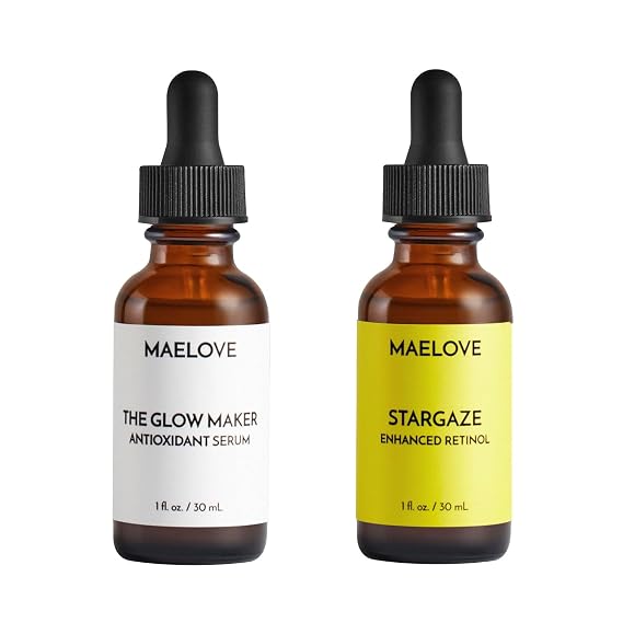 MAELOVE Glow Maker Vitamin C Serum + Stargaze Enhanced Retinol Serum Set - Day & Night Duo for Radiant, Smooth Skin with Hyaluronic Acid, Ferulic Acid & Soothing Botanicals