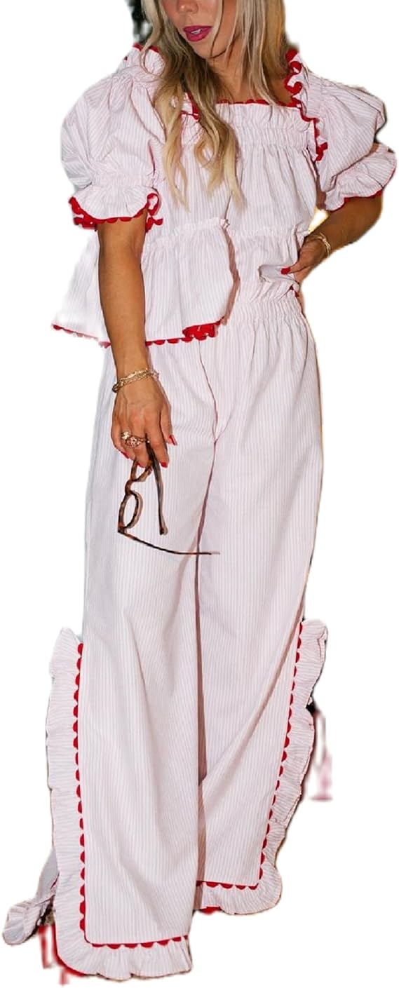 Yoawdats Women Christmas Gingham Pajama Set Short Sleeve Babydoll Shirt Ruffle Pants Lounge Set Y2k Cute Holiday Sleepwear