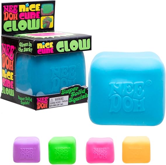 Schylling NeeDoh Nice Cube Glow - Ultra Solid Squishy Sensory Toy - Glow in the Dark and always returns to Square - Ages 3+ Colors may vary. 1 cube per pack