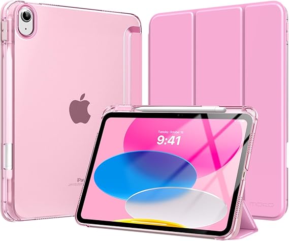 Moko for iPad A16 11th Generation Case 11 Inch 2025 with Pencil Holder,Pink | For iPad 10th Generation Case 10.9 Inch 2022, Slim Light Trifold Protective Cover with Hard PC Translucent Back Shell