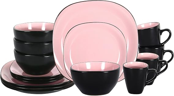 HomeVss, Stoneware Square 16pc Dinnerware Set, Inside Shiny Rose + Outside Matte Black