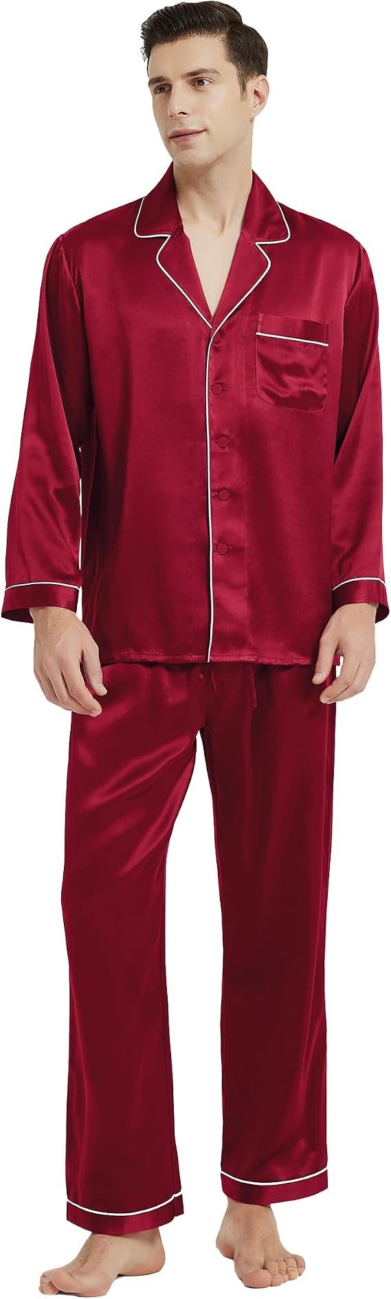 Mommesilk 100% Silk Pajamas Set for Men Long Sleeve Pajama Top with Pant Cool for Summer 2PC Silk Sleepwear Piped Soft