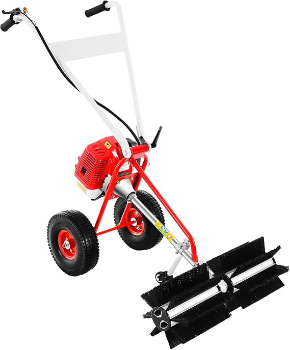 43CC 1.7HP 2 Stroke Lawn Yard Sweeper Gas Power Sweeper Walk Behind Brush Broom Walkway Turf Grass Cleaning Gasoline-Powered Road Leaf Nylon Roller Snow Blower Tool Kit with Safety Goggles