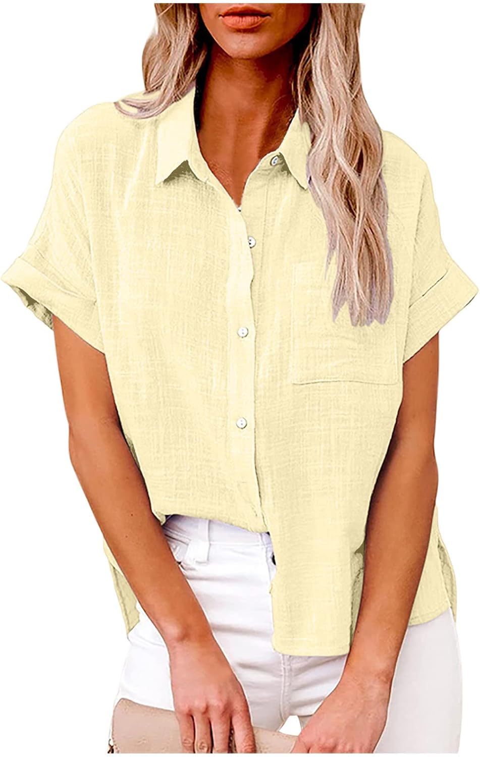 Summer Tops for Women 2023 Trendy Cotton Linen Button Down Blouses Casual Loose Short Sleeve Semi Formal Work Shirts