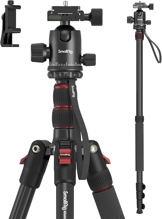 SMALLRIG 71 Inch Foldable Aluminium Camera Tripod Monopod 360° ball head removable and quick release plate with smartphone clamp payload 15 kg 33 lb 71 in/180 cm - 3935