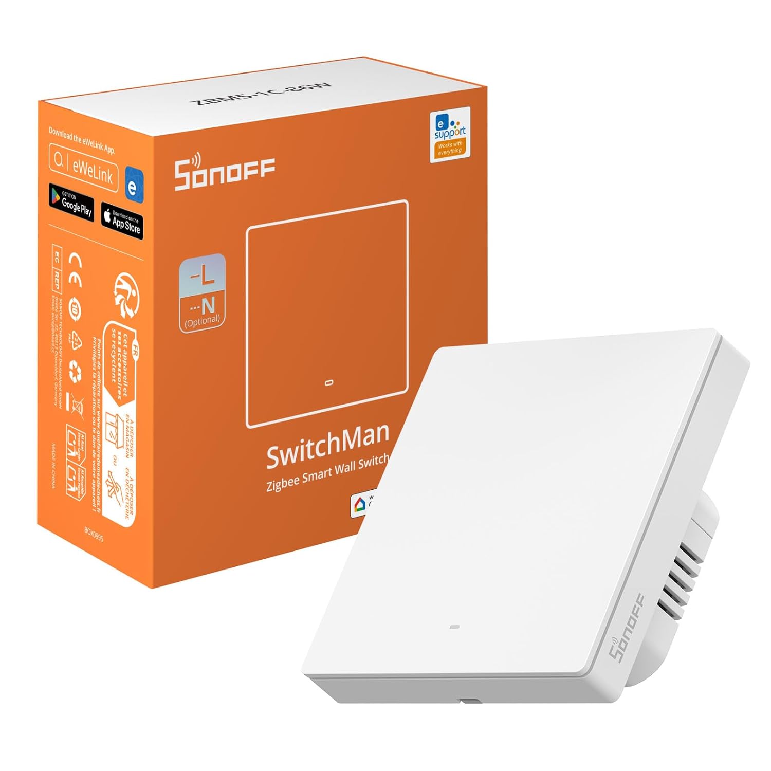 SONOFF Zigbee Smart Light Switch, Requires SONOFF Zigbee Hub, Smart Switch, No Neutral or with Neutral, APP Remote Control, Zigbee Switch ZBM5 86-Type, 1 Gang