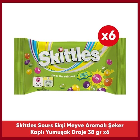 Skittles Sours Ekşi Meyve Aromalı Draje Şekerleme 38 g x 6