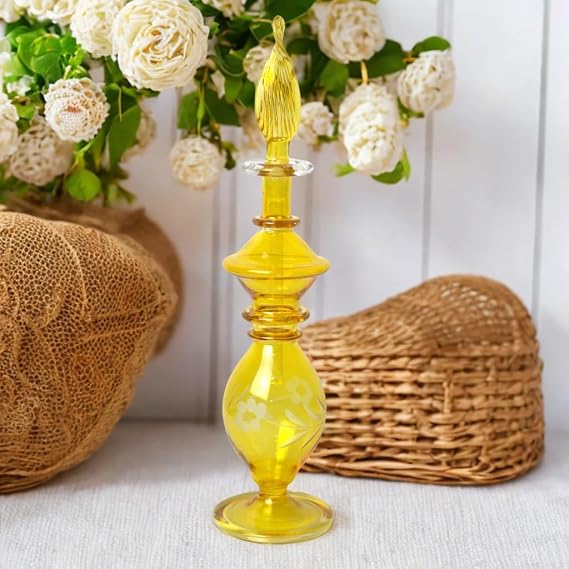 Yellow Glass Fragrance Decant Bottles | Egyptian Blown Glass Perfume Bottles Engraved Ornaments | Decorative Refillable Glass Perfume Bottle with Stopper | Handmade Glass Essential Oil Bottles Mini