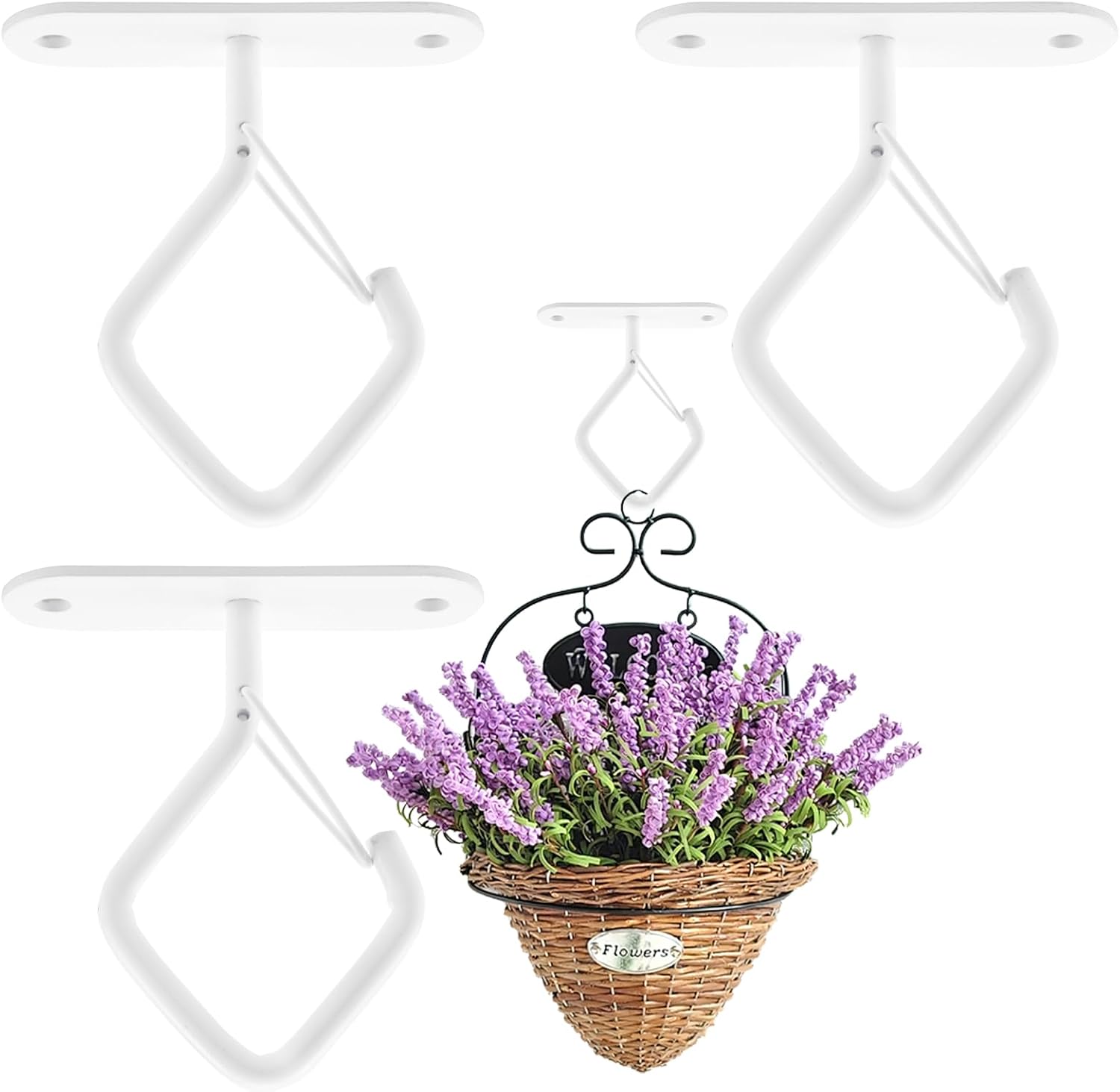 Heavy Duty Ceiling Hooks with Safety Buckle, 2.95 Inch Metal Hanging Hooks for Plants, Bird Feeders, Wind Chimes and Lights, Screw Hooks for Indoor and Outdoor Use (White, 4Pcs)