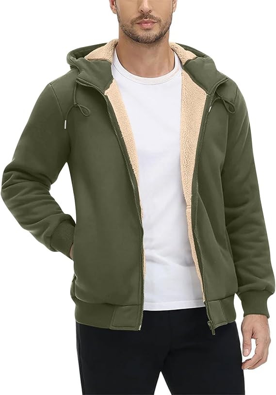 Fall Winter Coats for Mens Sherpa Fleece Lined Sweatshirt Jackets with Hood Pockets Zip Up Solid Color Outerwear
