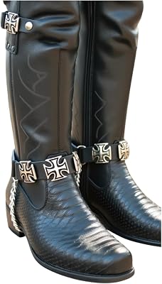 TrendyFashionJewelry Mens Biker Boot Bracelet Straps Black Faux Leather with Silver Chain and Cross Charms Pair