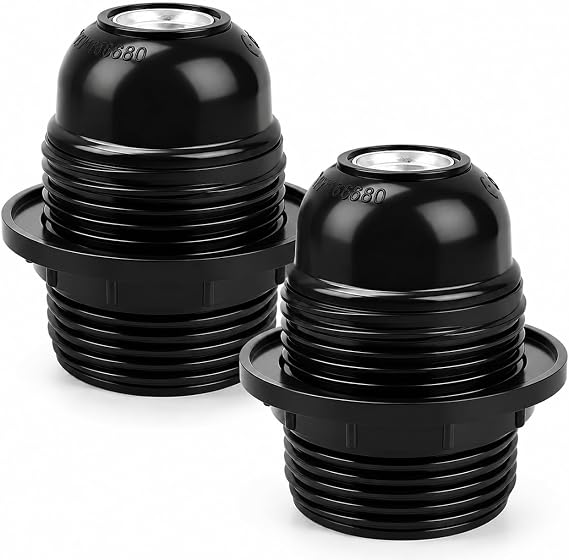 2PCS E27 Lamp Holder Black Bakelite Edison Screw Light Fitting with Shade Ring ES E27 Bulb Holder for Table Lamp Screw Socket Adapter for DIY Lighting Projects, 230V 4A [Energy Class G]