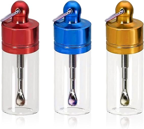 Snuff Bottle with Spoon 3-Pack Mini Glass Containers with Keychains | 6cm Portable Spice and Sugar Storage Jars for Kitchen & Home Use (Red, Gold, Blue)​