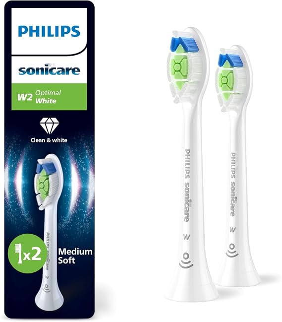 Philips Sonicare Optimal White Replacement Toothbrush Head, 7 Times More Plaque Cleaning, Medium Soft Brush Head, 2’ Pack, White, HX6062/87