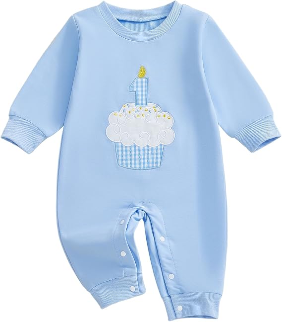 GOOCHEER First Birthday Baby Boy Outfit Fall 1 Cake Embroidery Ruffle Long Sleeve Romper Jumpsuit Cake Smash Clothes