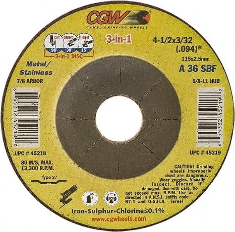 CGW Abrasives 45219 Cutting Wheels 41/2X3/32(094) X5/8-11 T27 A36S 3-in-1 Wheels .094 Cut/Grind/Finish Resin Cut WHLS Thin (10 Pack)