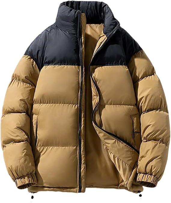 Men's Puffer Jacket Thickened Winter Coat Warm Stand Collar Color Block Zip Up Jacket Ski Bubble Coat(Khaki,2XL)