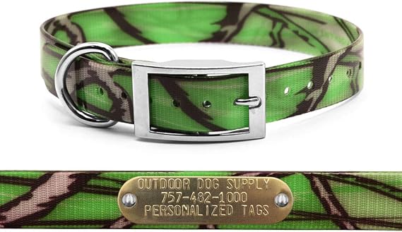 1" Green Camo D-Ring Dog Collar with Custom 3/4" Brass Nameplate | Durable, Odor-Resistant, Adjustable for Medium & Large Dogs, USA-Made