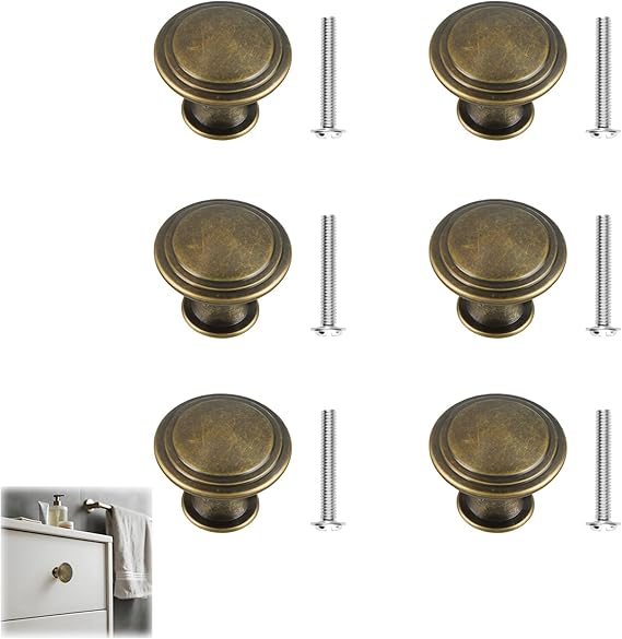 Antique Brass Cabinet Knobs 6 Pcs, Vintage Drawer Handles Copper Round Cupboard Knobs 30mm Antique Style Kitchen Cupboard Handles Zinc Alloy Wardrobe Door Knobs with Screws for Cupboards Drawe