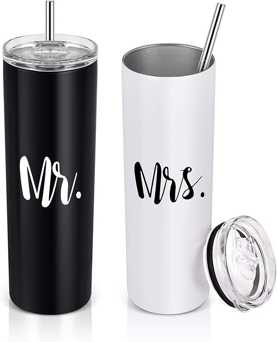 Qtencas Mr and Mrs Stainless Steel Insulated Tumbler Set, 20oz Wedding Gifts for Couples