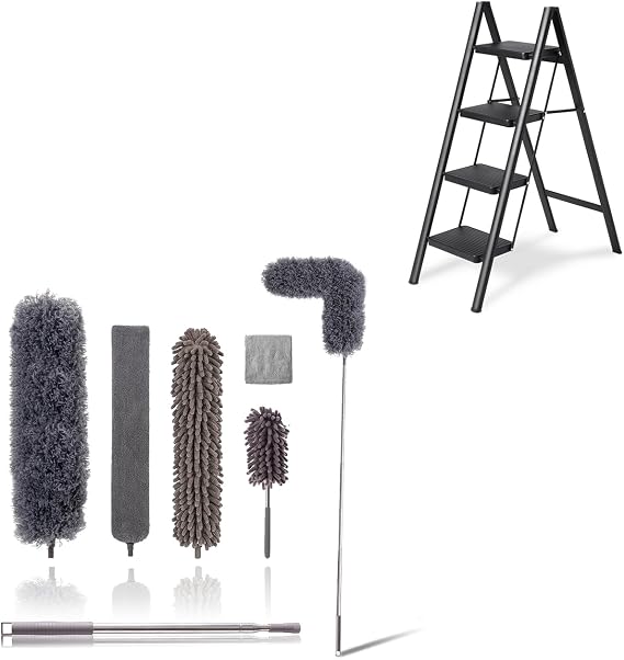 Folding 4 Step Ladder & Microfiber Duster Kit 6 Pcs