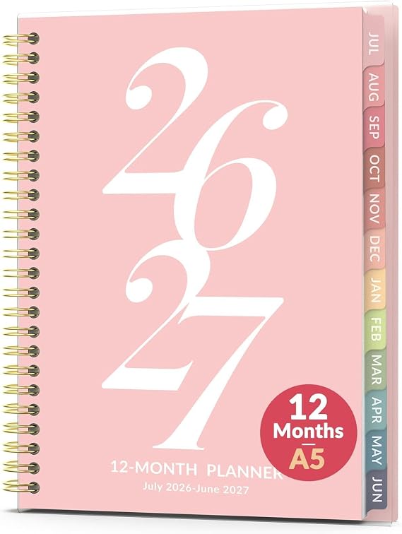 Forvencer Planner 2026-2027,July 2026 - June 2027,6.3x8.4" Academic Planner | Monthly and Weekly Calendar Planner with Spiral Bound, Month Tabs, Flexible Cover for School Office (A5, Pink)