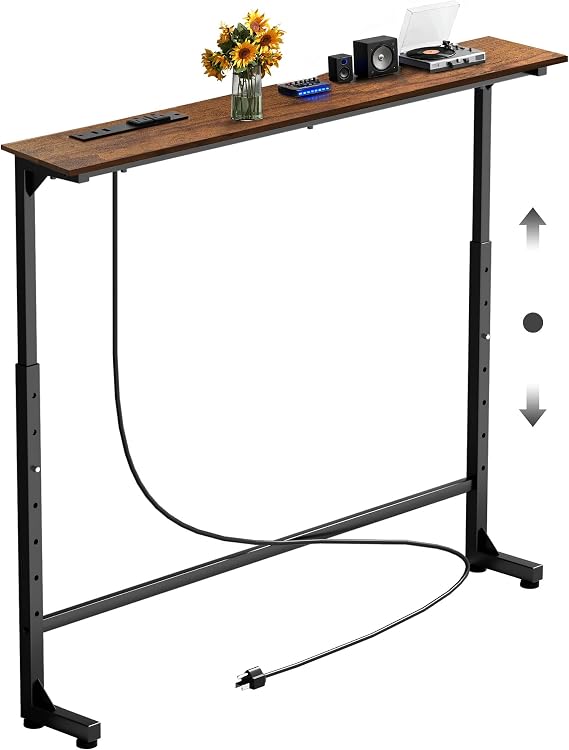 Keelian 45 inch Behind Couch Table with Outlets Sofa Table Rustic Brown | Adjustable Height(25"-37"),Skinny Couch Shelf with Charging Station,Long Entryway Tables for Living Room