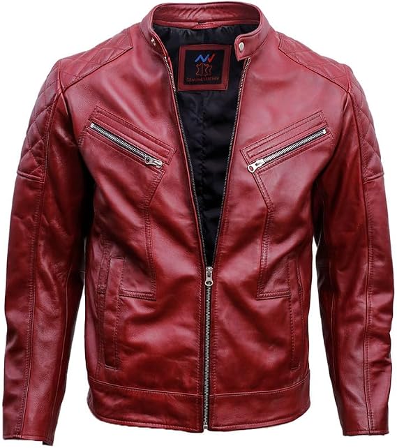 Mens Cafe Racer Leather Jacket - Leather Motorcycle Jacket Men - Genuine Leather Maroon Jacket