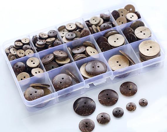 266 PCS 2 Holes Coconut Shell Buttons 8 Sizes Assorted (10mm-25mm) Coconut Wooden Button for Garment Sewing or DIY Crafts with a Plastic Box